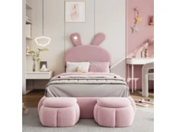 Cama Polster Solteiro Rosa 90x200cm Orelhas Coelho Listras Luz Gavetas Armazenamento
