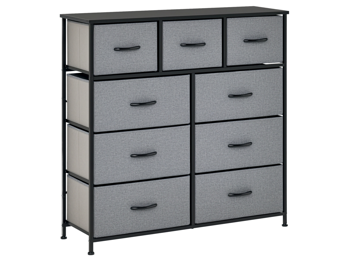 Cômoda com 9 gavetas, estrutura em aço preto, 100x30x100cm, preto e cinza
