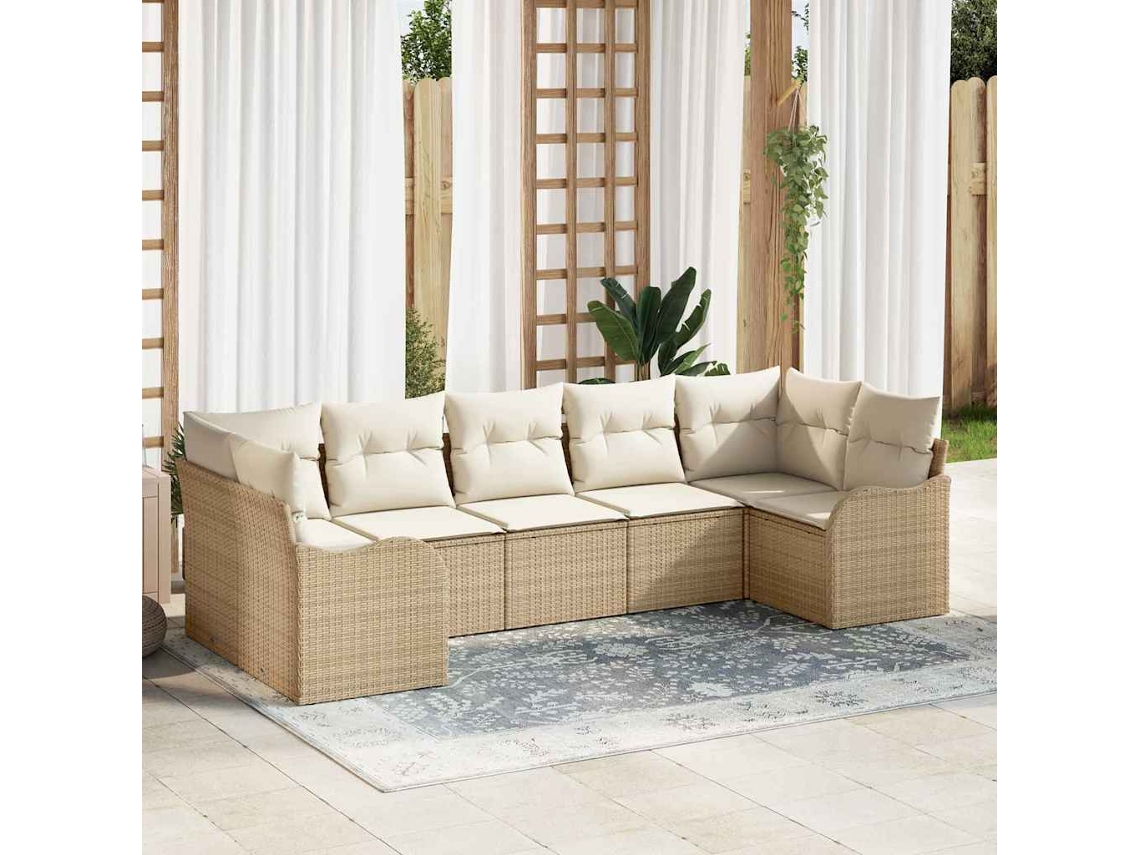 Vidaxl Conjunto De Sofá De Jardim 7 Pcs Bege E Branco Rattan Sintético