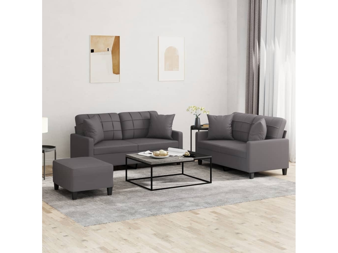 Vidaxl 3 Pcs Conjunto De Sofás Com Almofadas Couro Artificial Cinzento