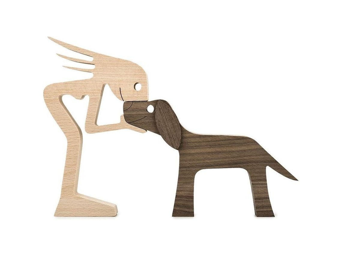 Escultura De Madera Artesanal Mujer Y Perro Decoración Hogar Regalo Ecológico 10x6x0.8 Pulgadas