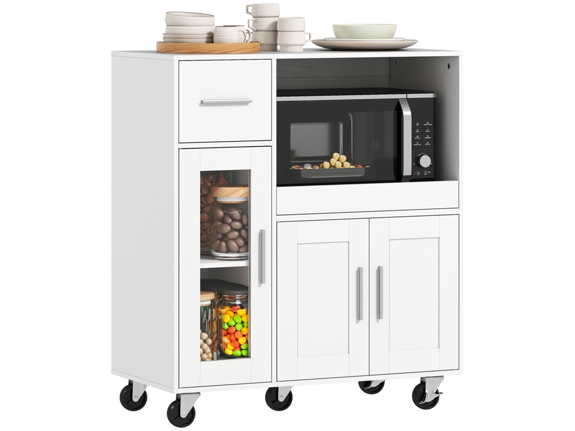Armário de cozinha com rodízios ZENCORE SERVICES, cômoda móvel, prateleiras, gavetas, prateleira ajustável, orifício para cabos, branco