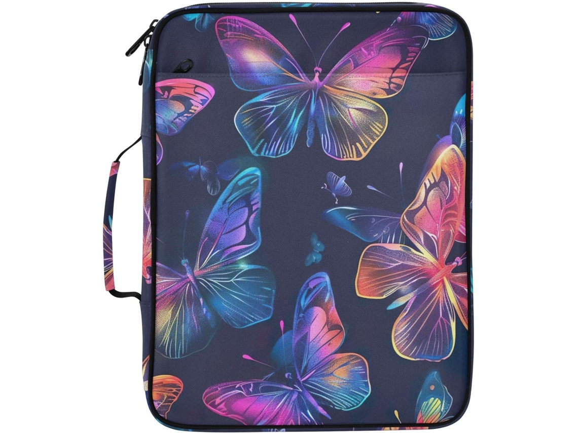Pasta Expansível Com Estampa De Borboleta Neon Colorida, Organizador Com 7 Bolsos, Fichário De 3 Argolas E Fechamento Em