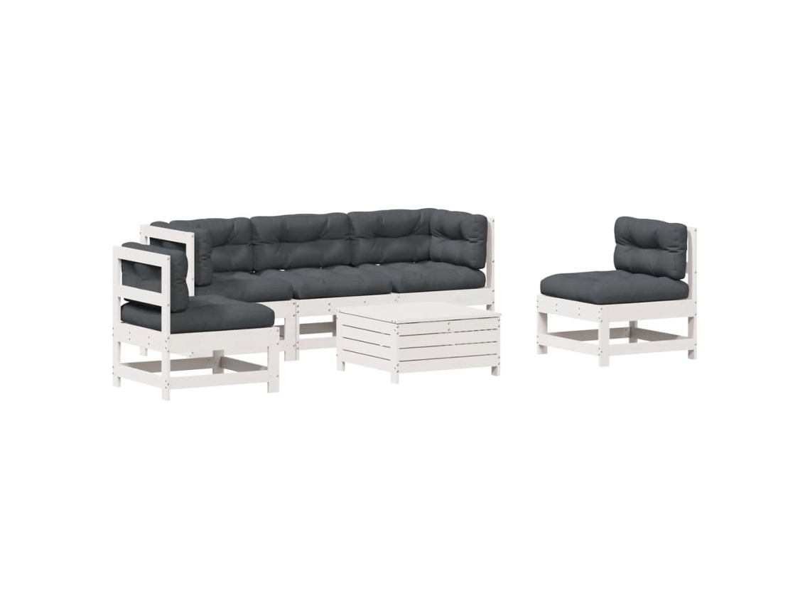 Conjunto 6 Lounge Jardim com Almofadões Pinho VIDAXL Maciço Branco