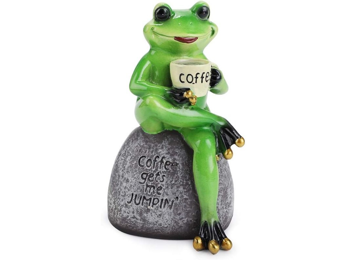 Estátua De Rã De Resina Sentada Bebiendo Café Decoración Creativa Verde Lindo 15x9cm
