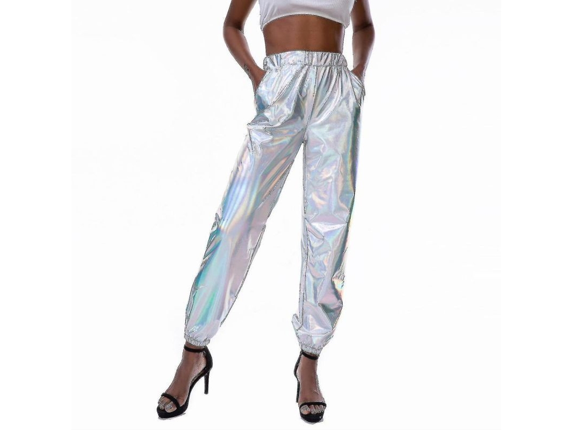 2026 pantalones Casuais Holo para Mulher Moda Streetwear Brilhantes Cool Club Tamanho S XXL XXL Blanco