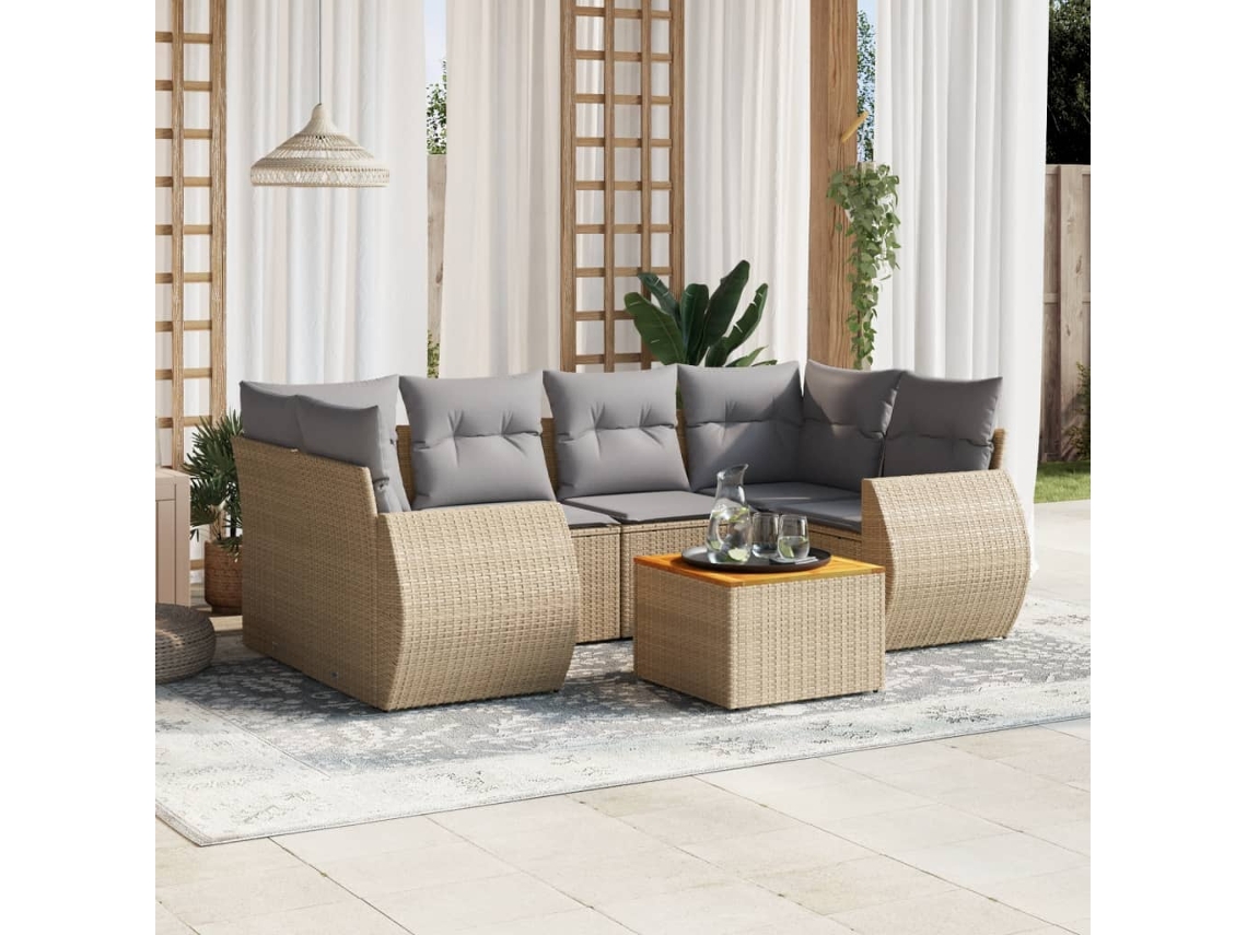 Vidaxl 7 Pcs Conjunto De Sofás P/ Jardim Com Almofadões Vime Pe Bege