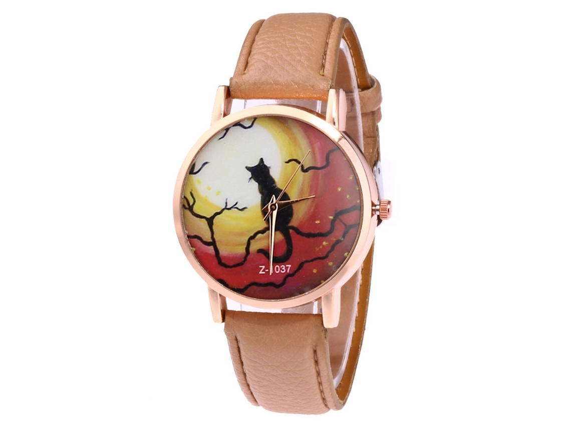 Relógio de quartzo com pulseira de couro sintético, mostrador com desenho de gato, unissex, casual, marrom claro