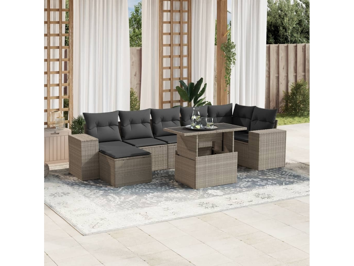 Vidaxl 8 Pcs Conj. Sofás Jardim C/ Almofadões Vime Pe Cinzento-claro
