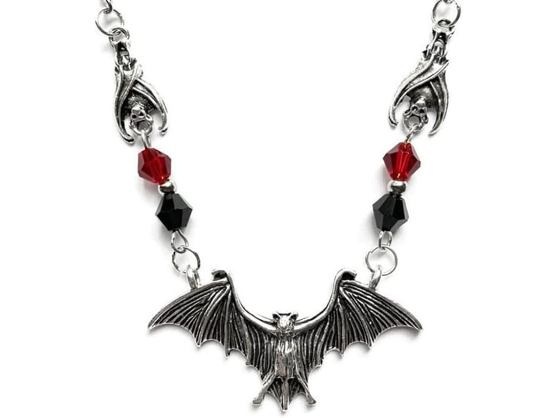 Colar De Morcego De Halloween Com Pedras De Zircônio Cúbico Vermelho E Preto E Design Gótico Retro