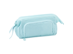 Estojo infantil azul de dupla camada com zíper e janela transparente.