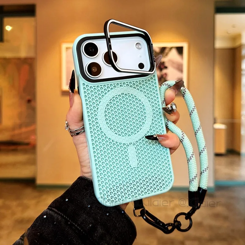 Capa Magnética Para Iphone 15 Plus (verde) Com Suporte E Alça De Pulso Para Proteção Contra Impactos.