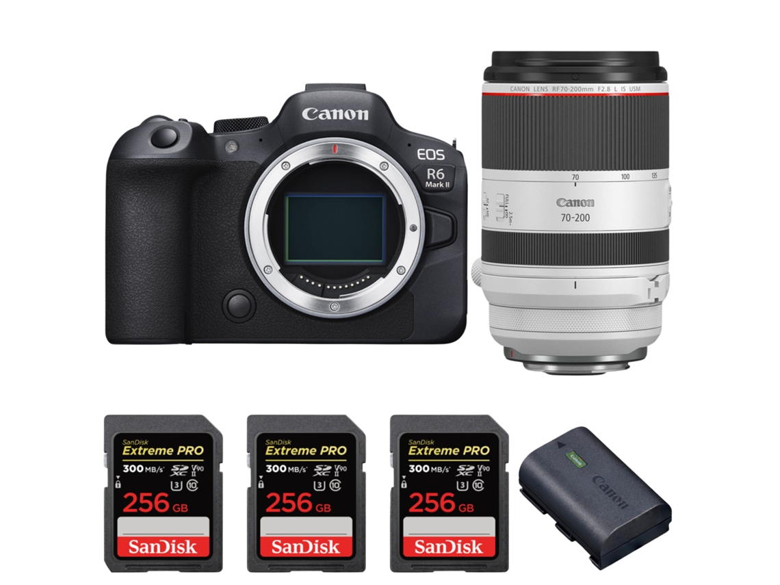 Eos R6 Mark Ii + Rf 70 200mm F/2.8 L Is Usm + 3 Sandisk 256gb Uhs ii 300mb/s + 1 Canon Lp e6nh + Ebook “20 Dicas para Fotos Que Impressionam” CANON