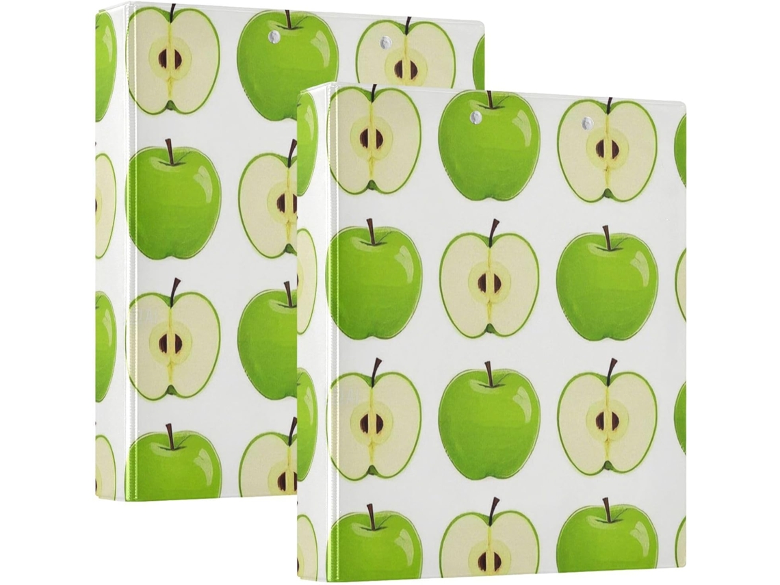 Pasta escolar rígida com estampa de frutas verdes, 3,8 cm, 1-1, 2 dobras, 3 argolas com saquinhos, pacote com 1 ou 2 unidades.