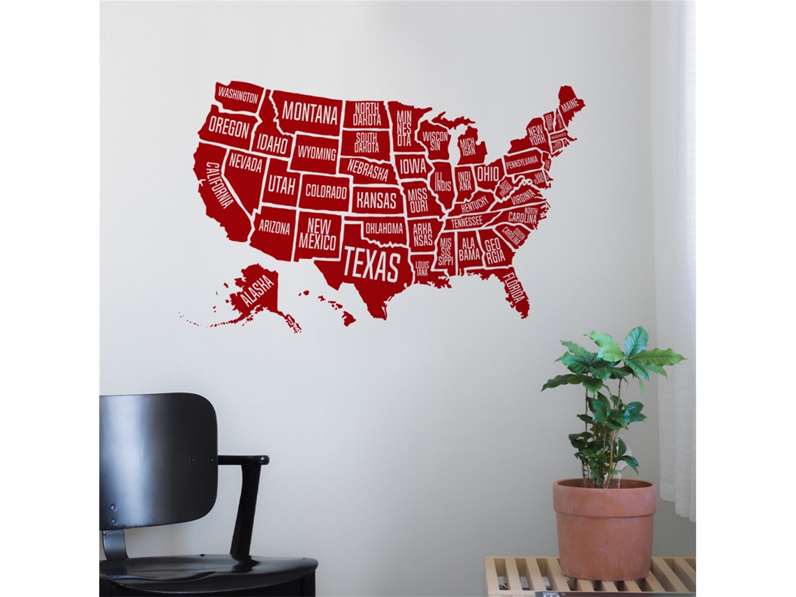 Decal Mapa Eua Vermelho Para Decorar Quarto, Sala E Janela