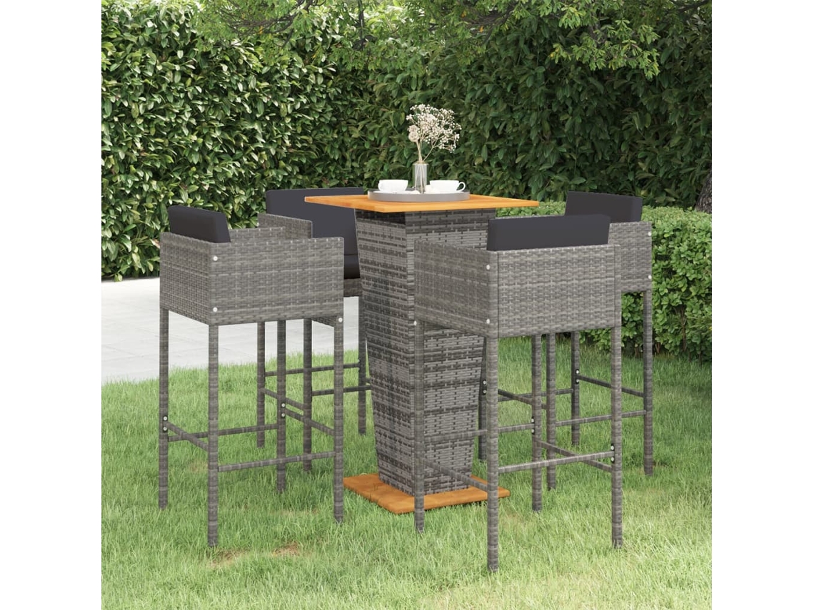 Vidaxl 5 Pcs Conjunto De Bar P/ Jardim C/ Almofadões Vime Pe Cinzento