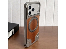 Capa Magnética Para Iphone 17 Pro, Em Madeira De Nogueira, Sem Moldura E Com Suporte Giratório De 360° Em Metal.