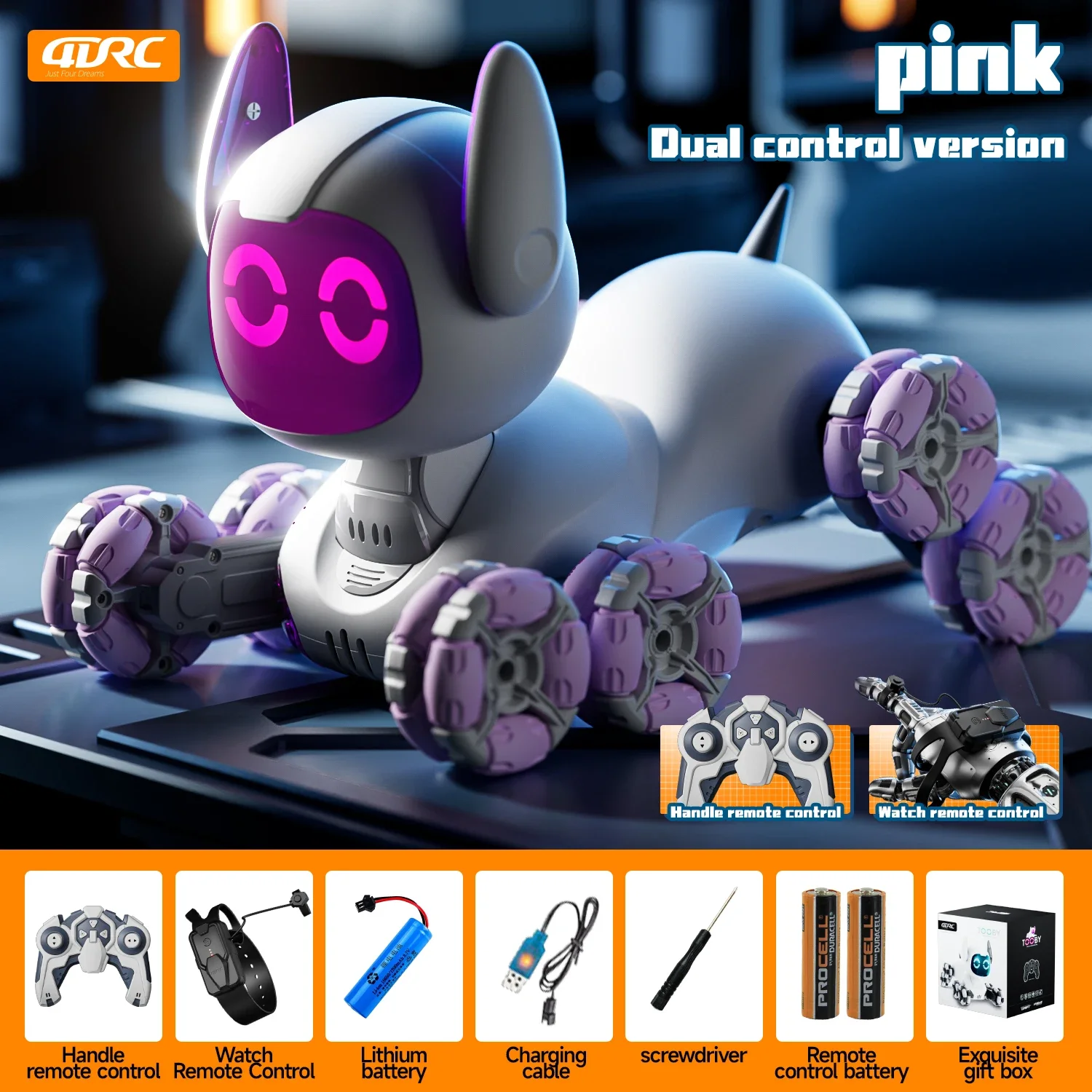 (Rosa com controle Duplo) Robô inteligente com controle remoto, música e efeitos especiais controlados por toque, com luzes de LED