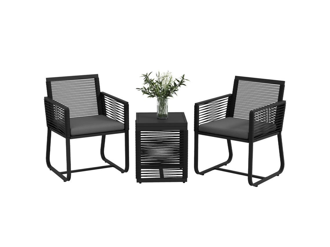 Conjunto de jardim rattan com 2 poltronas com almofadas e mesa de vidro, preto BTFORUS