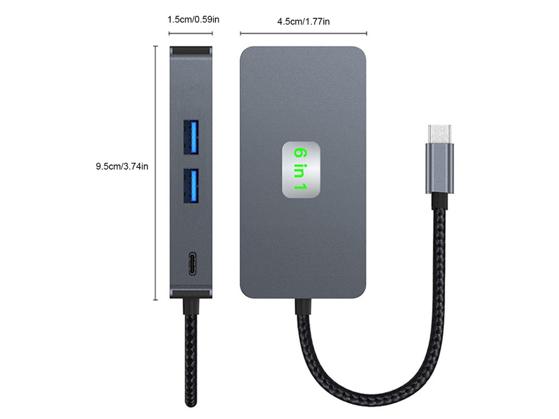 Yizhood 6 em 1 USB C Hub 3 portas USB 3.2 Gigabit Ethernet USB C 4k/60hz HDMI compatível com porta para laptop PC cinza