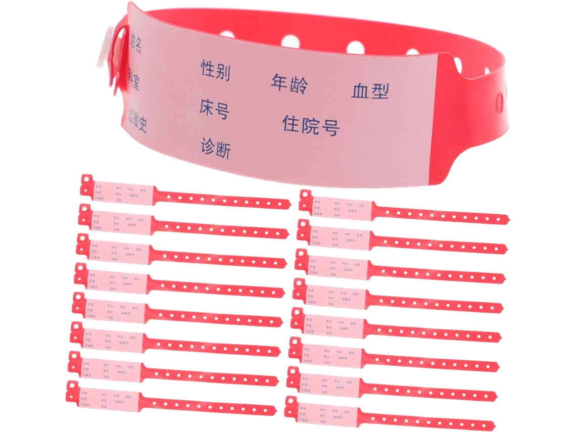 100 pulseiras hospitalares vermelhas, descartáveis e impermeáveis, para identificação de adultos em eventos hospitalares.