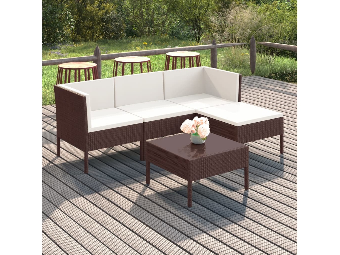 Vidaxl 5 Pcs Conjunto Lounge Jardim C/ Almofadões Vime Pe Castanho
