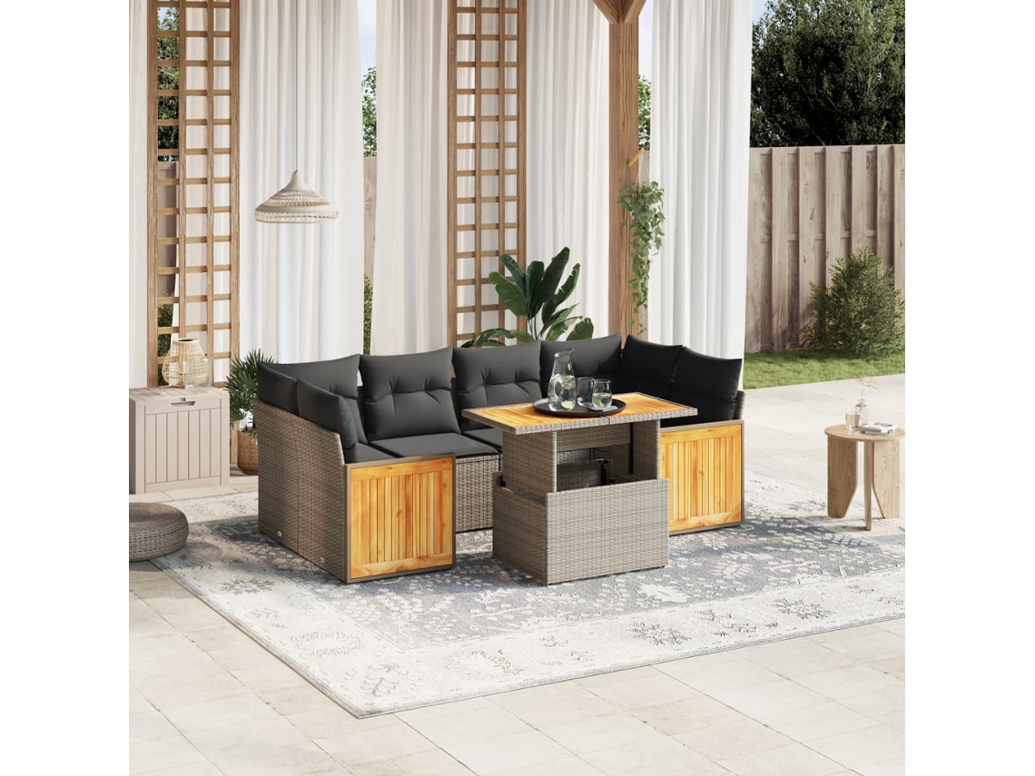 Vidaxl 7 Pcs Conjunto Sofás P/ Jardim C/ Almofadões Vime Pe Cinzento