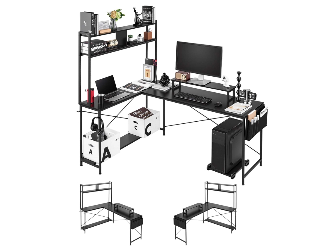 Secretária para Computador em Forma de L 1,7m Reversível com Suporte para Monitor VEVOR