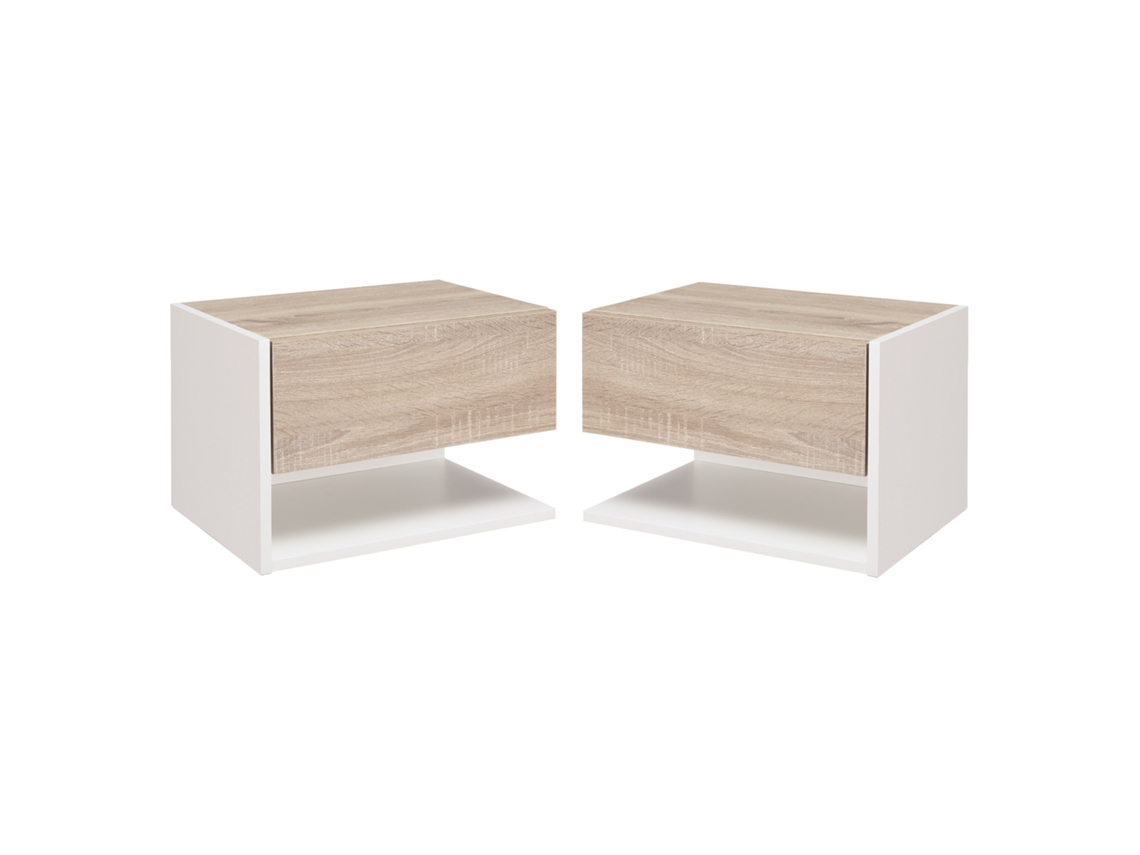 Kit com 2 mesas de cabeceira flutuantes para parede, com gaveta, design bicolor em Carvalho claro e branco