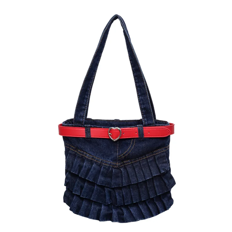 Bolsa Feminina De Jeans Com Babados (azul Escuro), Bolsa Tote Casual E Charmosa.