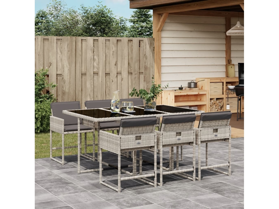 Vidaxl 7 Pcs Conj. Jantar P/ Jardim C/ Almofadões Vime Pe Cinza-claro