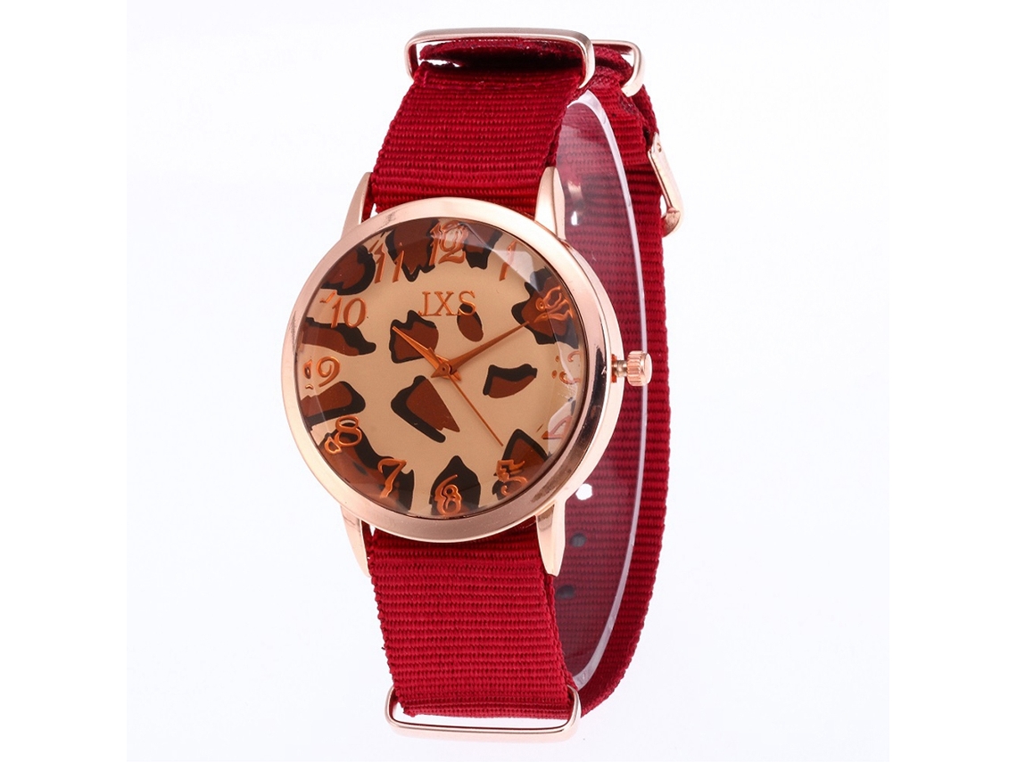 Relógio de pulso de quartzo unissex com pulseira de nylon, estilo casual redondo com estampa de leopardo (vermelho)