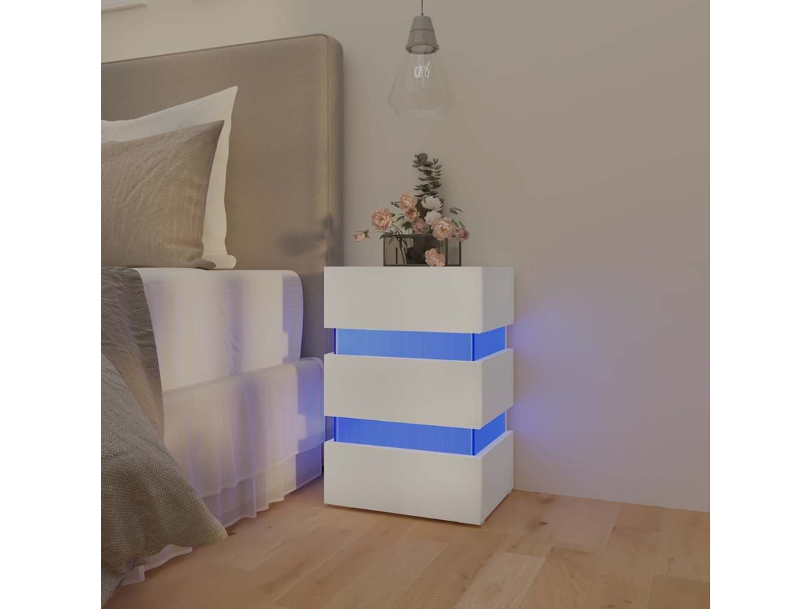 Vidaxl Mesa De Cabeceira C/ Luzes Led Derivados De Madeira Branco