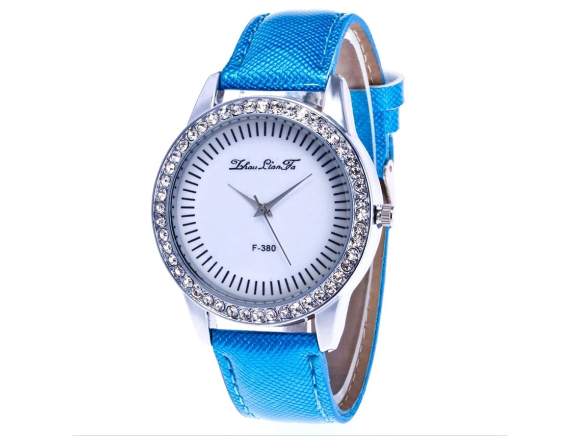 Relógio de pulso de quartzo elegante com strass e pulseira de couro (azul)