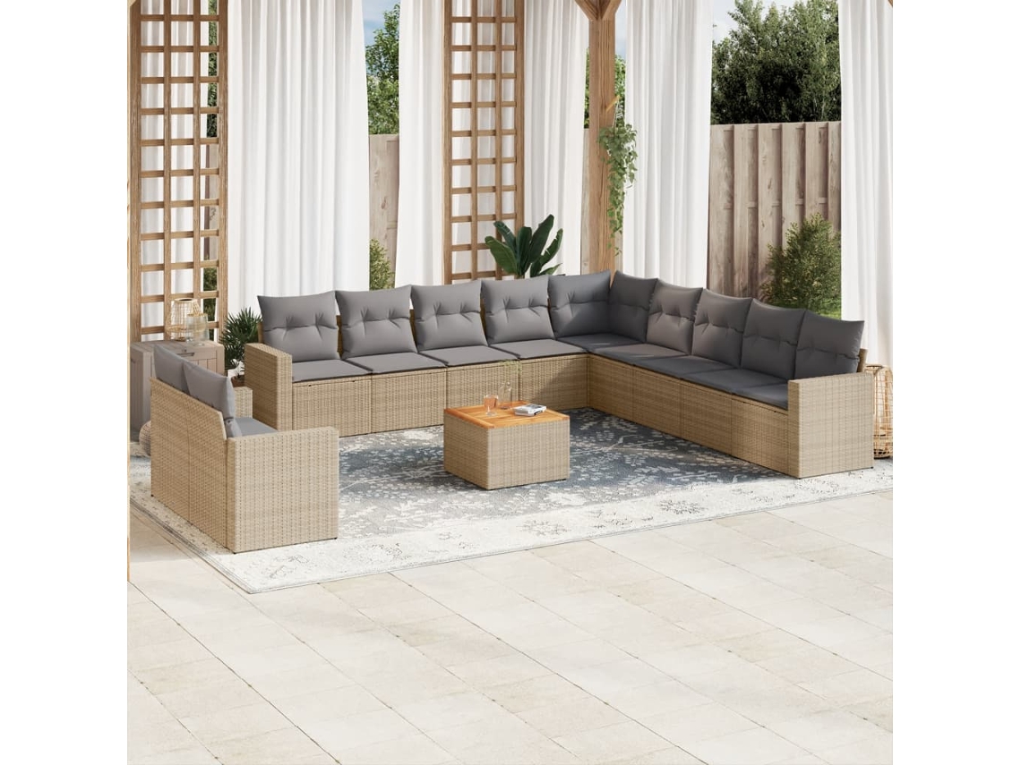 Vidaxl 12 Pcs Conjunto De Sofás P/ Jardim Com Almofadões Vime Pe Bege