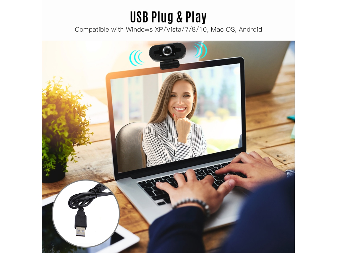 Câmara Web Hd 1080p Para Videoconferências Com Microfone Usb Plug Play