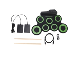 Bateria eletrônica dobrável com 7 pads de prática, entrada para fone de ouvido e pedal.