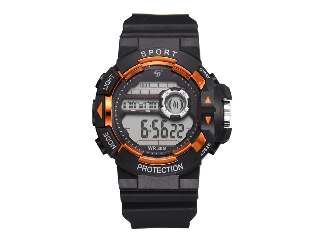 Relógio esportivo eletrônico masculino, à prova d'água, com pulseira de borracha laranja.