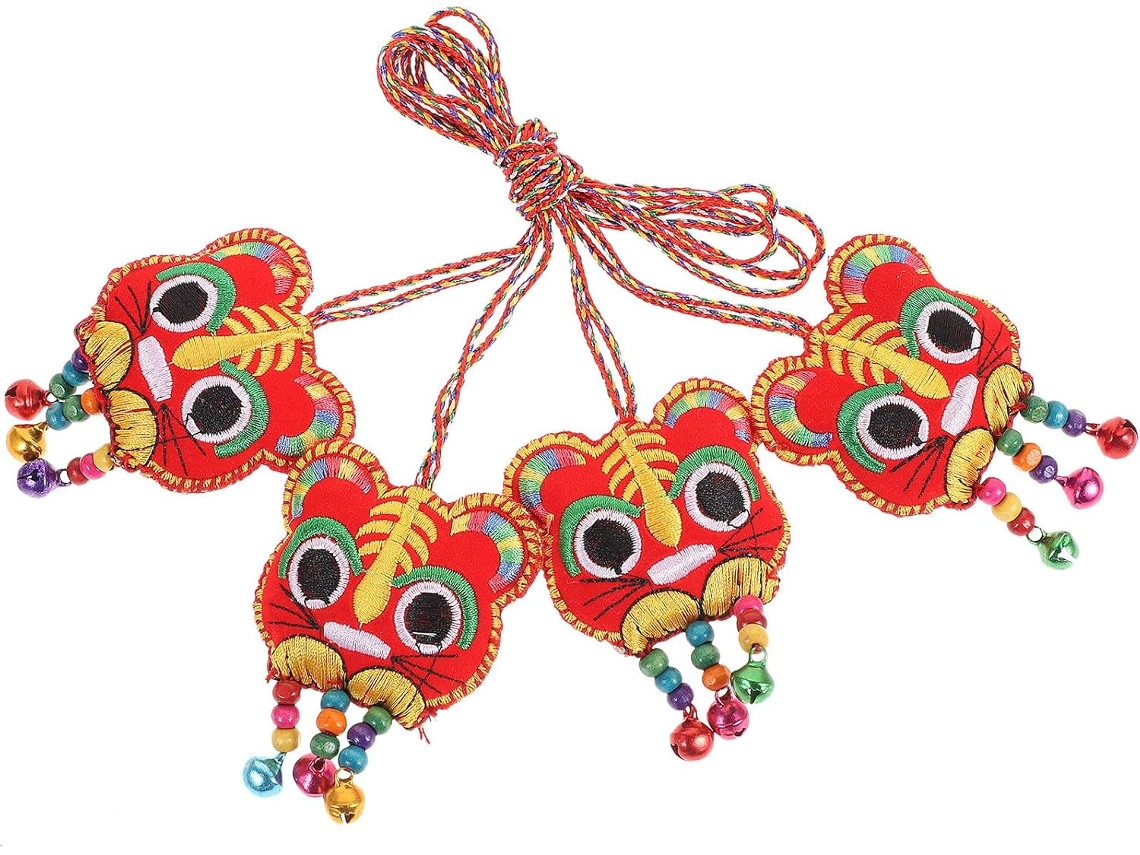 Conjunto 4 Pingentes Tigre Sinos Vermelhos Bonecos 5 8 Tecido Macio Decoração Enfeites Festivos Chinês Carro GOKOCO