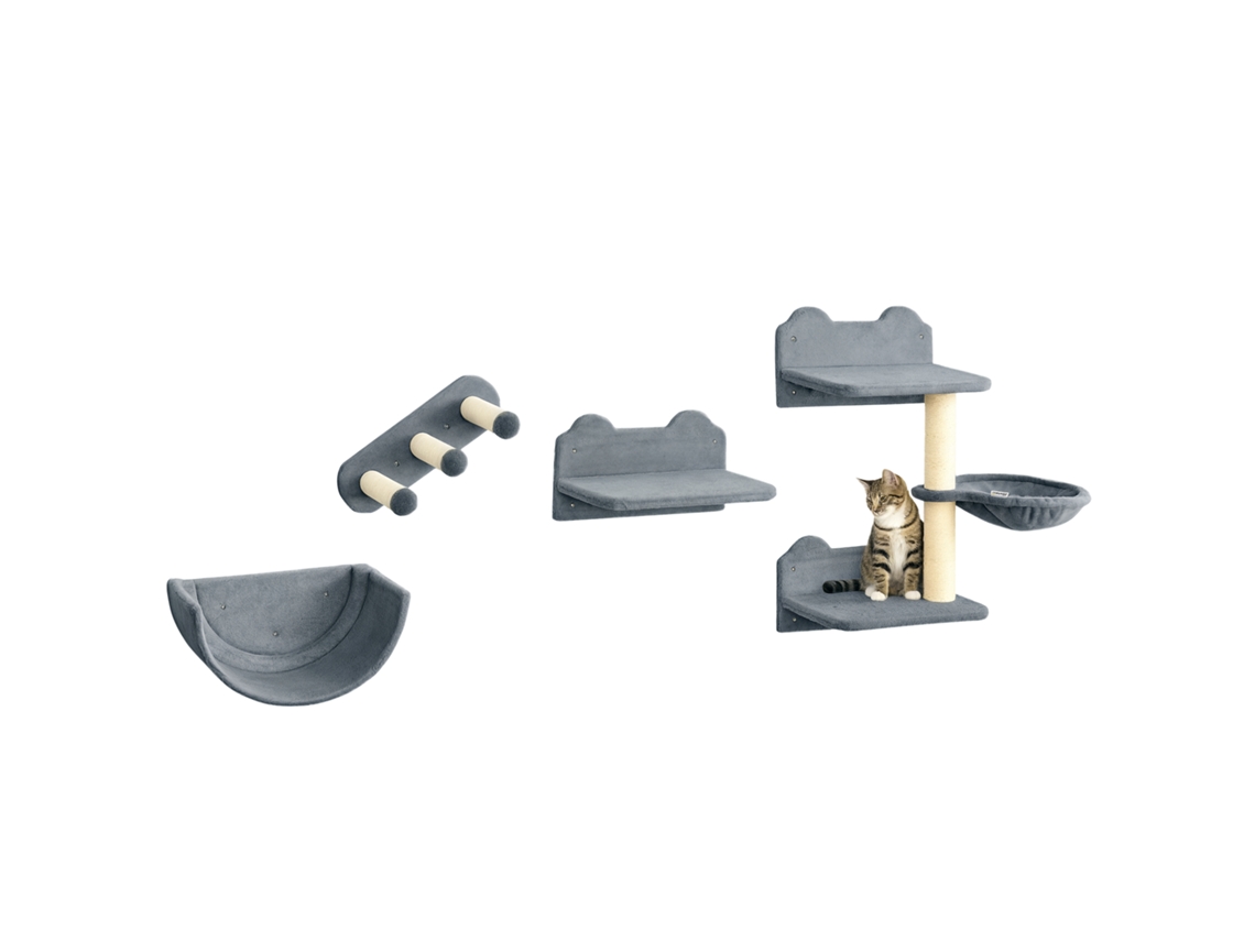 Prateleiras De Parede Para Gatos 4 Peças Com Rede Plataforma Semicircular Plataformas De Salto E Poste De Sisal Cinza