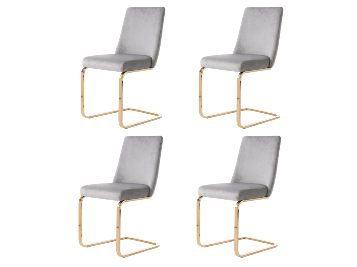 Conjunto luxuoso de 4 cadeiras de jantar em veludo cinza, estilo diamante e pés de metal dourado para sala ou quarto PAPRIKA | PAPRIKA