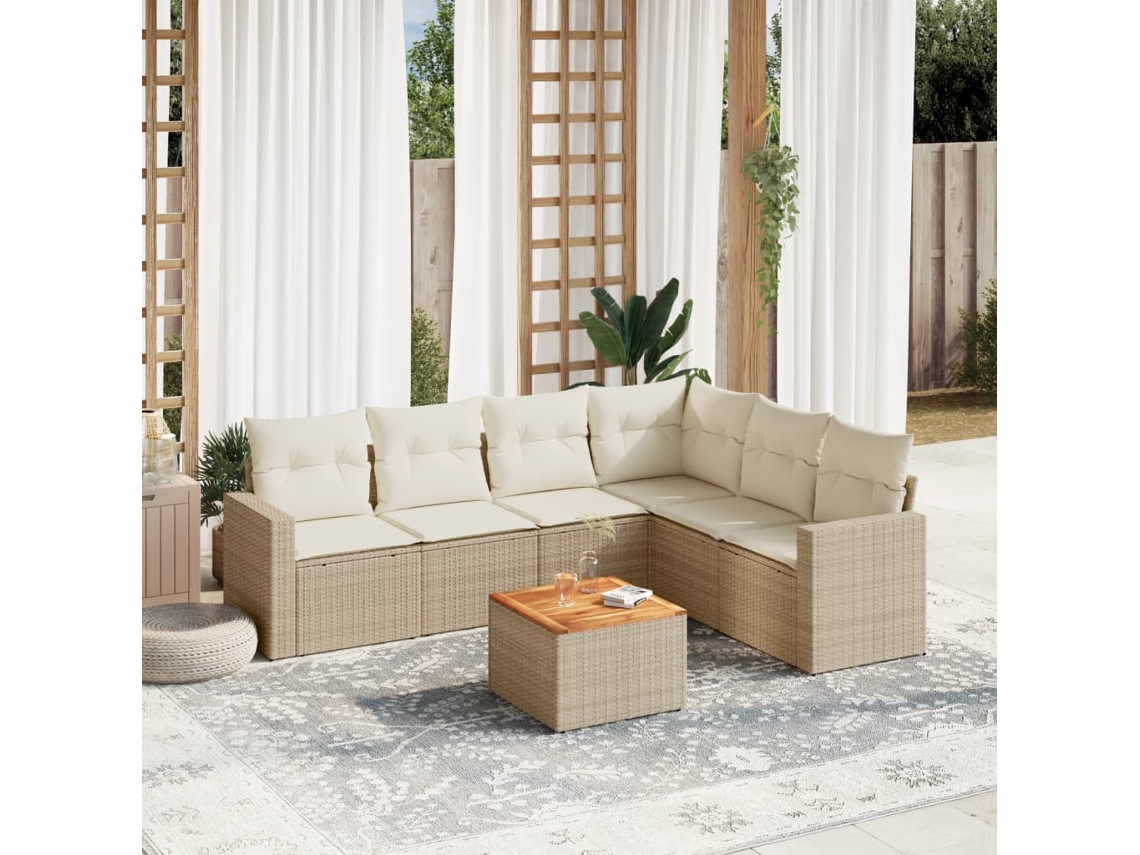 Vidaxl 7 Pcs Conjunto De Sofás P/ Jardim Com Almofadões Vime Pe Bege