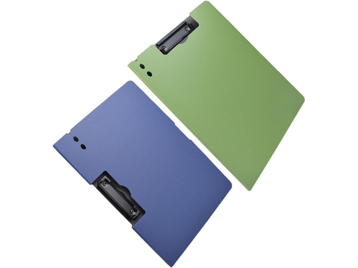 Prancheta de plástico A4 azul e verde, conjunto de 2 unidades, ideal para organizar documentos e colar objetos.
