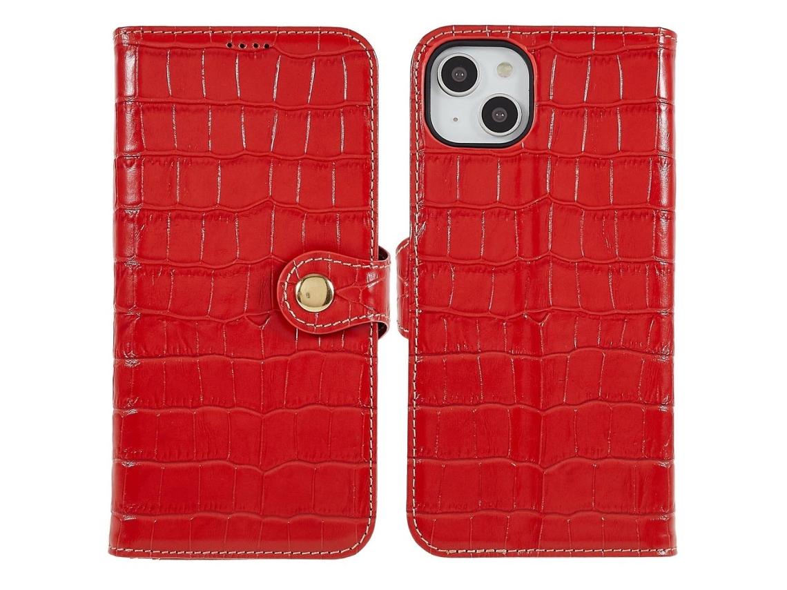 Capa Genuíno Textura Crocodilo Para Iphone 14 Pele Anti-riscos Com Porta-cartões Vermelho