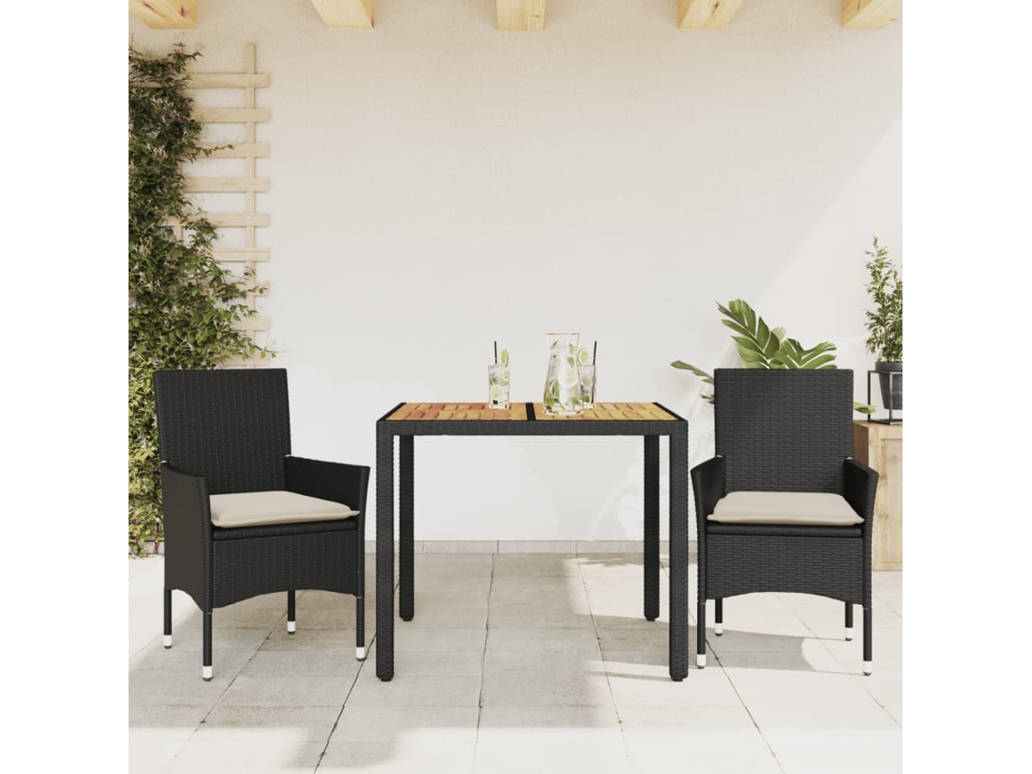 3 Pcs Conjunto Jantar Jardim C/ Almofadões Vime Pe/acácia Preto Dkd Home Decor