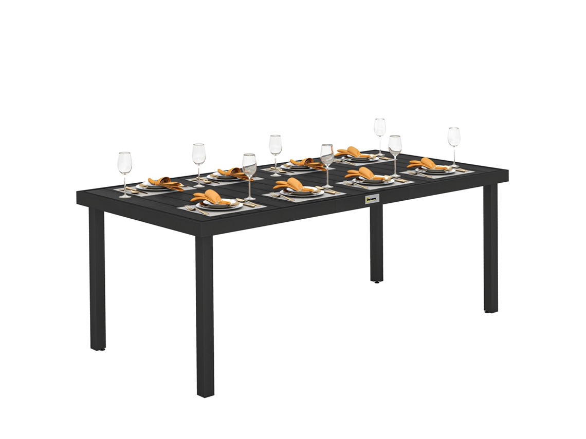 Mesa de jardim retangular, 8 lugares, ripas, alumínio, 190x90x74 cm, preto | S/MARCA