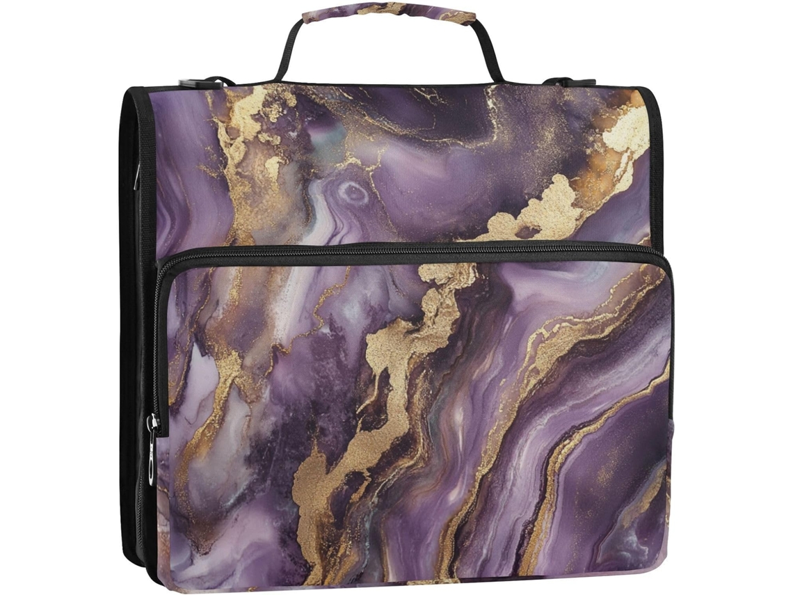 Pasta de 3 Argolas 3,8 Cm, Textura Mármore Roxo e Dourado, com Tira Impermeável, Organizador Escolar, para Est