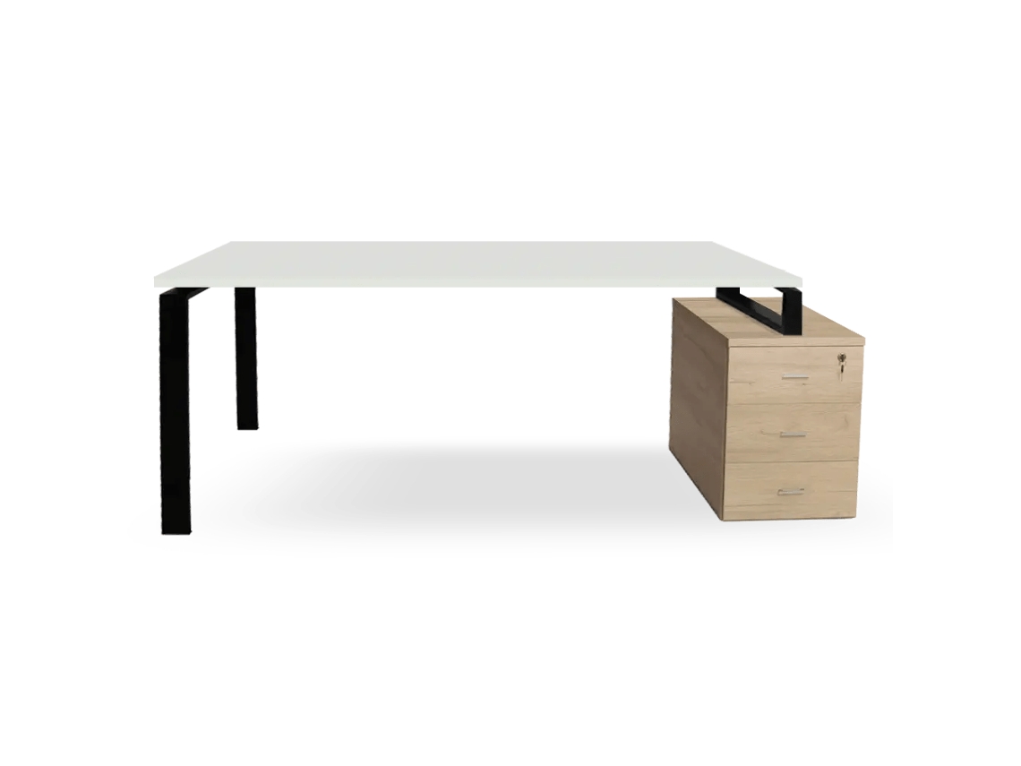 Escrivaninha De Carvalho Com Gavetas. Estrutura De Metal Preta. 75 X 195,5 X 80 Cm. Tampo Branco. Ofilike