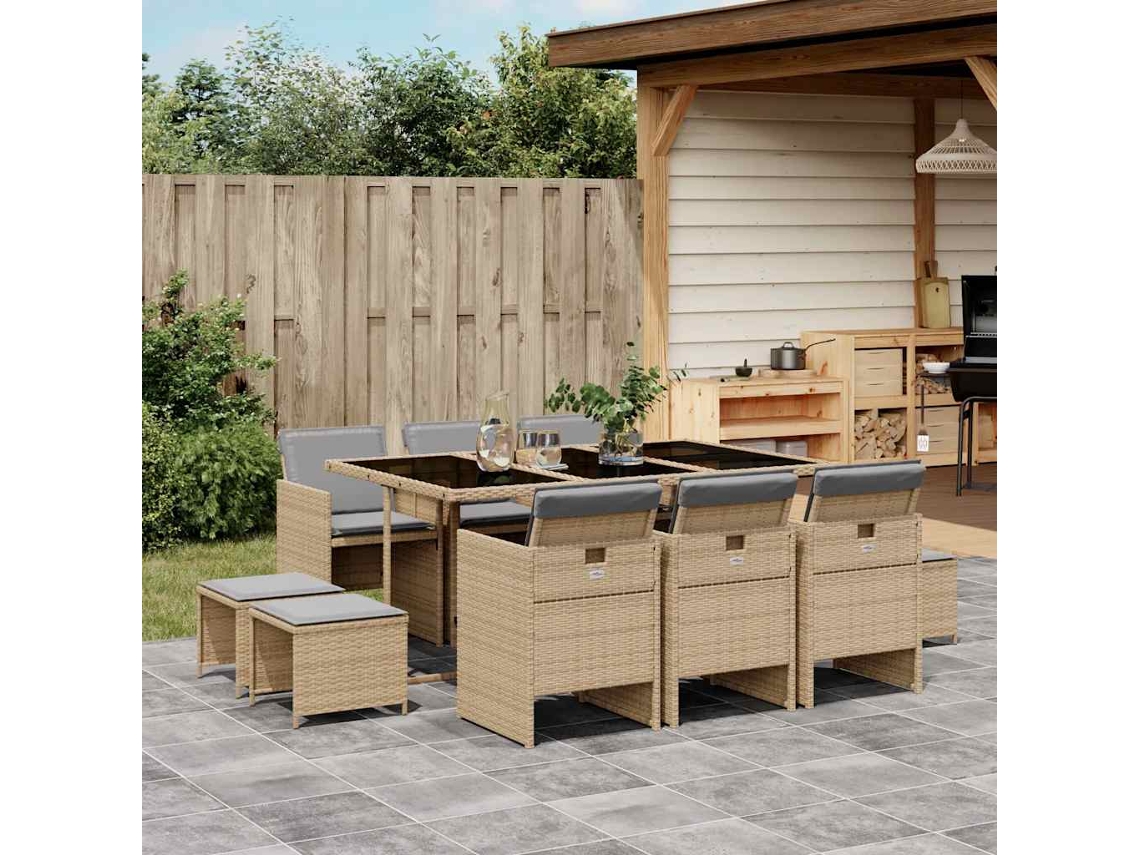 Vidaxl 11 Pcs Conj. Jantar Jardim C/ Almofadões Vime Pe Bege Misturado