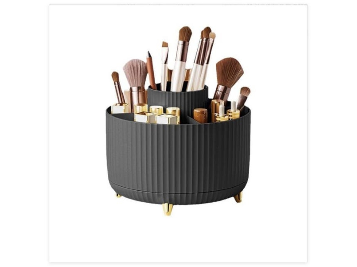 Organizador de mesa (preto), giratório 360° com 5 compartimentos, ideal para lápis, materiais de arte e organização doméstica.